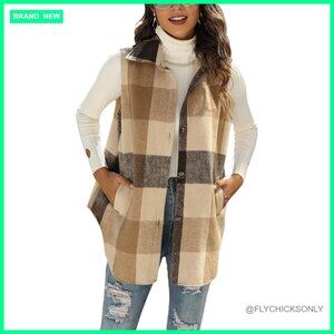 Wool Flannel Plaid Vest Button Down Sleeveless Shirt Jacket With Pockets